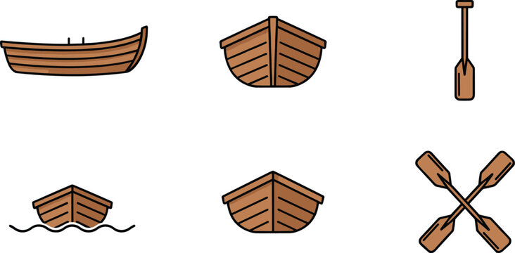 Wooden Rowboat Vector Illustration Set with Small Brown Fishing Boats Single and Crossed Oars and Front View Water Icons
