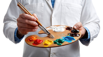 Obraz premium Artisan's Palette: An artist, cloaked in a pristine smock, carefully mixes colors on a wooden palette, poised to bring creative visions to life with a brush in hand.