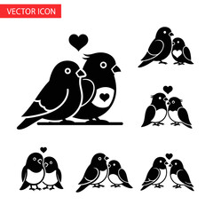 Cute Couple Birds in Love with Hearts Vector Icons Set