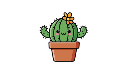 Fototapeta premium Cute Kawaii Cactus Plant in Pot with Flower, Adorable Cartoon Style
