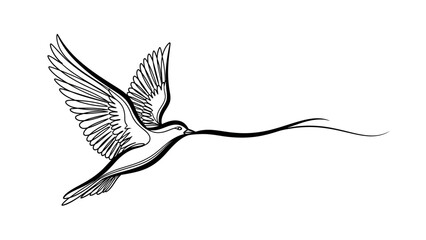 Obraz premium Dove flying with a ribbon, symbol of peace, freedom, and hope, black and white illustration