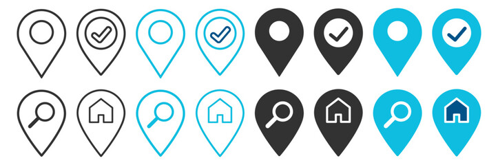 Location pin map marker icons set with checkmark search and home symbols, vector illustration on transparent background © Polyak Tata