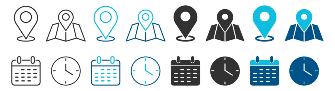 Location map pin calendar and clock icon set vector for navigation and scheduling on transparent background