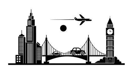 Obraz premium Global Travel and Cityscape: Airplane, Bridge, Cars, and Iconic Buildings