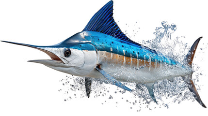 Naklejka premium Marlin's Aquatic Leap: A powerful marlin bursts through the water, creating a stunning display of aquatic dynamism. Captured in this instant.