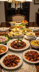 Obraz premium Abundant traditional Southeast Asian celebratory feast displayed richly upon a polished dark dining surface