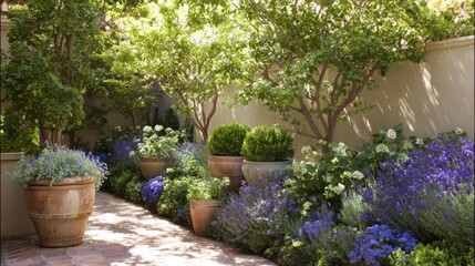 Fototapeta premium Sun-drenched Mediterranean courtyard garden with blooming lavender and lush greenery