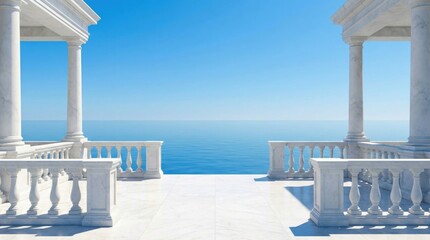 Fototapeta premium Elegant White Balcony Overlooking Expansive Blue Ocean and Sky.