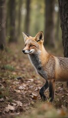 Fototapeta premium A fox in the woods, stealthy, natural habitat