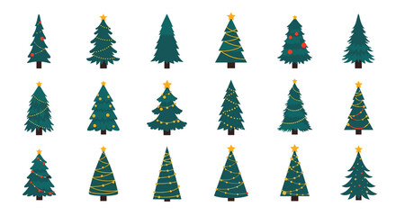 Obraz premium Large collection of diverse flat Christmas tree icons with various styles of ornaments, lights, and stars for holiday designs.