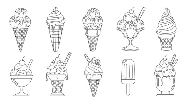 Diverse collection of ice cream line art illustrations featuring cones, cups, popsicles, and sundaes with toppings.