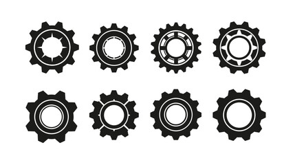 Set of Black Gears, Cogwheels, and Sprockets Icons on White Background