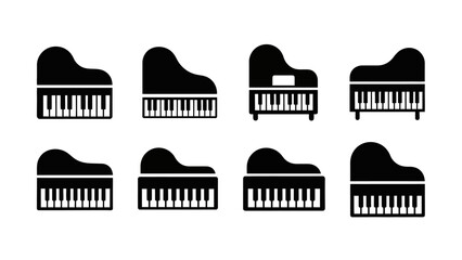 Fototapeta premium Set of diverse piano icons, grand and upright silhouettes, musical instrument collection