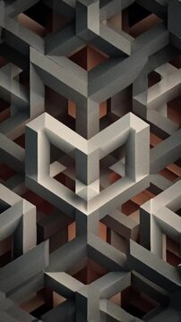 Abstract monochrome 3d geometric background with intricate interlocking grey shapes. Futuristic architectural structure pattern vertical wallpaper