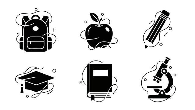 Set of School and Education Icons: Backpack, Apple, Pencil, Graduation Cap, Book, Microscope