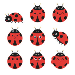 Cute Ladybug Emoji Set with Diverse Facial Expressions and Poses Including Flying and Sitting for Insects Education and Nature Themed Designs