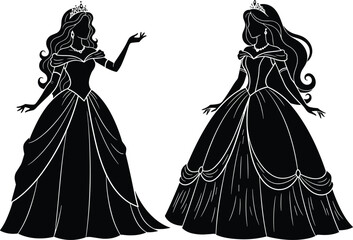 Elegant princess silhouettes in ornate ball gowns, royal fantasy illustration, graceful feminine artwork, classic fairytale dress design for creatives – flavector © MdMasud