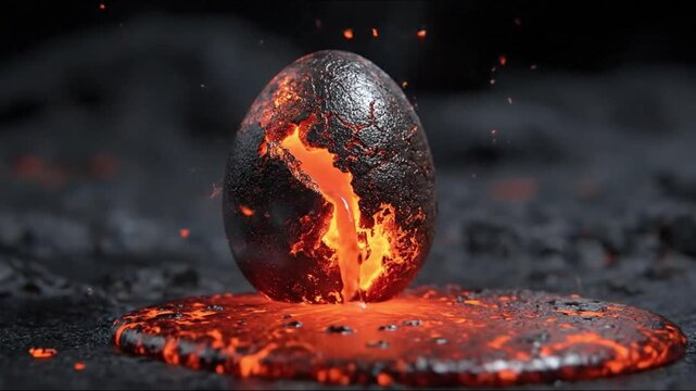 Molten lava egg hatching with fiery interior on dark surface