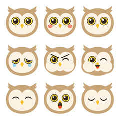 Fototapeta premium Cute Owl Head Emotions Set with Different Facial Expressions Like Happy Sad Angry and Surprised in Flat Vector Cartoon Illustration Style