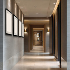 Modern hallway interior with marble floor, framed art, soft lighting, neutral colors, and elegant decor creates sophisticated atmosphere