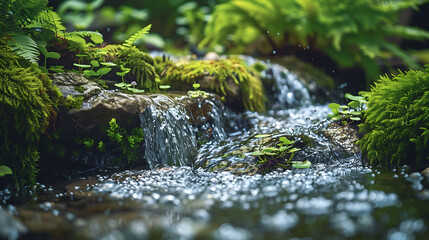 Fototapeta premium Close Up of Clear Stream Flowing over Mossy Rocks with Ferns in Forest for Nature Ecology Concept