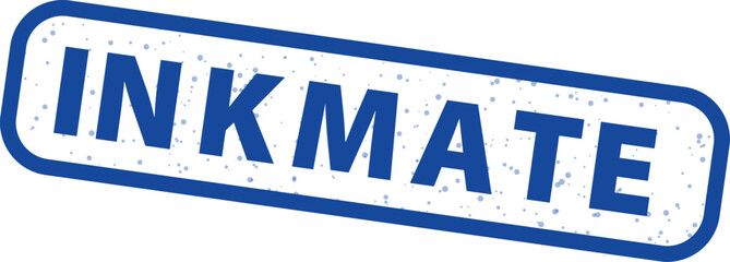 Blue distressed rubber stamp graphic featuring the bold capitalized text ink mate contained within a slightly angled rectangular border element suggesting official verification or branding use.