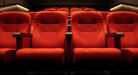 Obraz premium Empty red cinema seats with dramatic lighting, ready for a film screening
