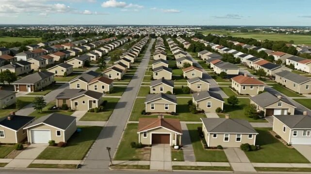 Aerial view of a suburban neighborhood with rows of identical houses stretching into the distance.