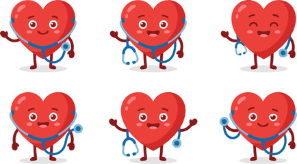Fototapeta premium Cute Cartoon Heart Characters Holding Stethoscopes Expressing Various Emotions and Poses on White Background