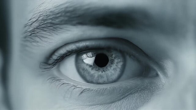 Extreme macro close-up of a man&rsquo;s right gray eye showing detailed iris texture, natural light reflection, human vision and perception concept, clarity, focus, cinematic realism.