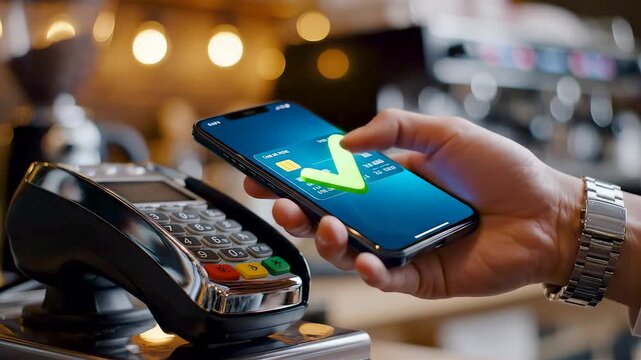 Contactless Smartphone NFC Payment in Stylish Cafe With Digital Card Processing and Green Approval Checkmark