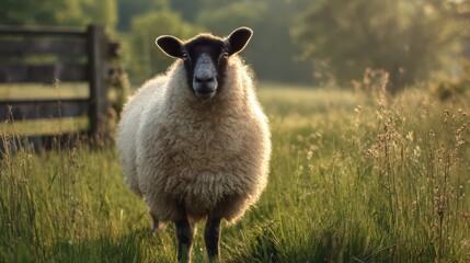 Fototapeta premium Serene farm portrait: Shropshire ewe with woolly coat amid a rural landscape