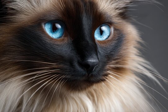 Serene close-up of a chocolate Balinese cat with a rounded head and bright blue eyes against a neutral backdrop