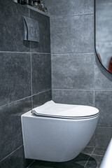 Fototapeta premium The image shows a modern, wall-mounted toilet basin in a contemporary bathroom interior. The sleek, floating toilet design is set against grey tiled walls, creating a clean and minimalist aesthetic.
