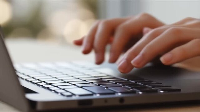 Close-up of hands typing on a laptop keyboard, focusing on the fingers and keys.