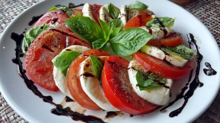 Fresh Caprese Salad with Juicy Tomatoes, Mozzarella Cheese, Basil Leaves, and Balsamic Glaze on a White Plate as a Colorful and Healthy Dish