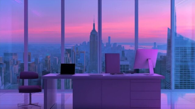 Modern office interior with city skyline view at sunset