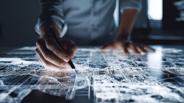 Software architect analyzing system maps, modern realism, soft shadows, high resolution photo style, innovation theme