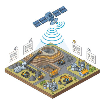 3D illustration of a mining site with satellite connectivity and industrial infrastructure.