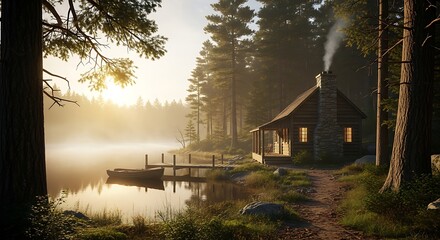 Fototapeta premium Rustic cabin by a misty lake with a boat and dock in a pine forest at sunrise