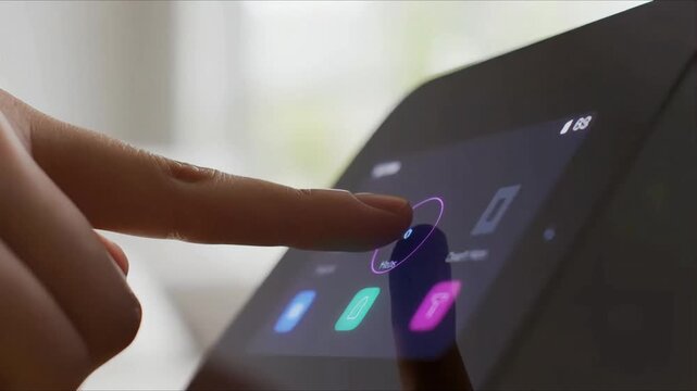 Close-up of a person's finger touching a modern digital touchscreen interface, interacting with icons.