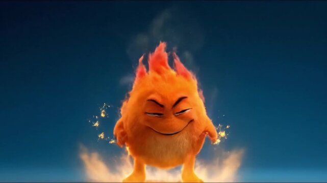 Adorable Fire Creature Floating in Air with Burning Hair and Happy Expression, High Quality 3D Cartoon Flame Character Animation