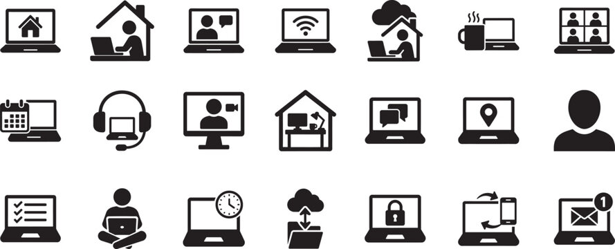 Remote work icon set in clean outline style for freelance, home office, online collaboration and web UI