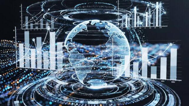 A global business analytics visualization shows interconnected data points and financial growth trends on a dark digital background.