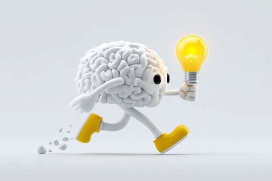 3D cartoon brain character running with glowing light bulb, symbolizing creativity, innovation, and energetic thinking in educational or motivational contexts