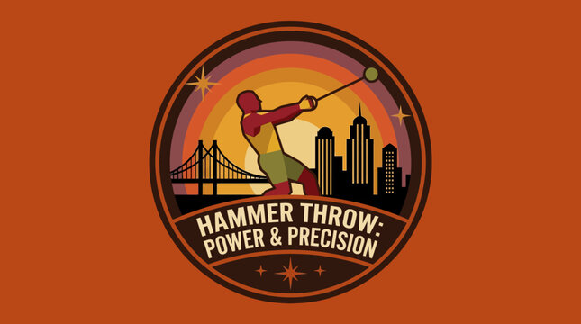Hammer Throw Power & Precision Competition Emblem with Cityscape Background