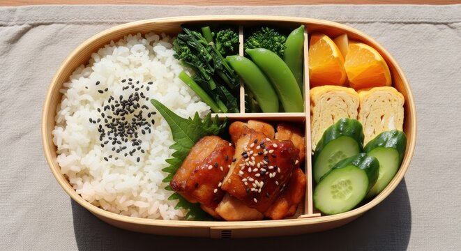 Oval wooden container presents a carefully arranged assortment of balanced meal components ready for consumption.
