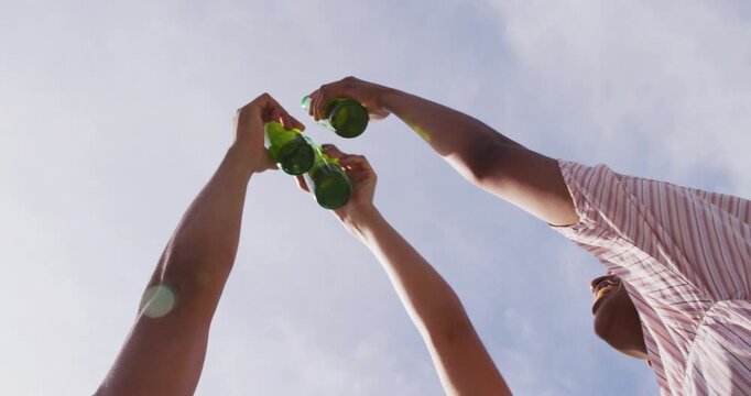 Hands of diverse friends making toast with bottles of beer in the sun at outdoor party