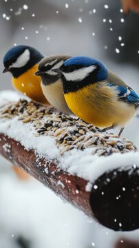 On a snow-covered branch, two colourful blue tits peck at food, creating a peaceful winter scene that would make an excellent backdrop  