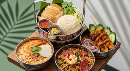 Assortment of prepared traditional Southeast Asian dishes presented in tiered metal containers upon a wooden surface.